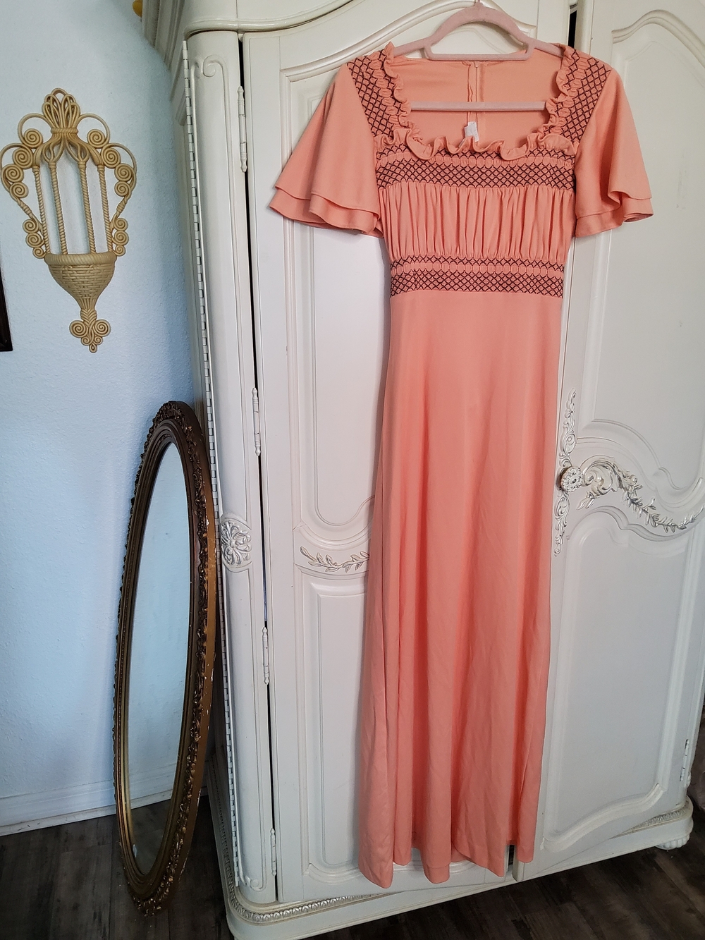 1970s Peach Maxi Dress with Ruffle Square Neck And Smocking